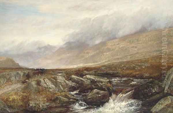 A drover and his cattle on a Highland track beside a rocky stream Oil Painting by Charles Thomas Burt