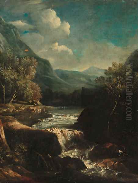 An Italianate rocky river landscape with travellers on a track Oil Painting by Circle Of Giovanni Battista Busieri