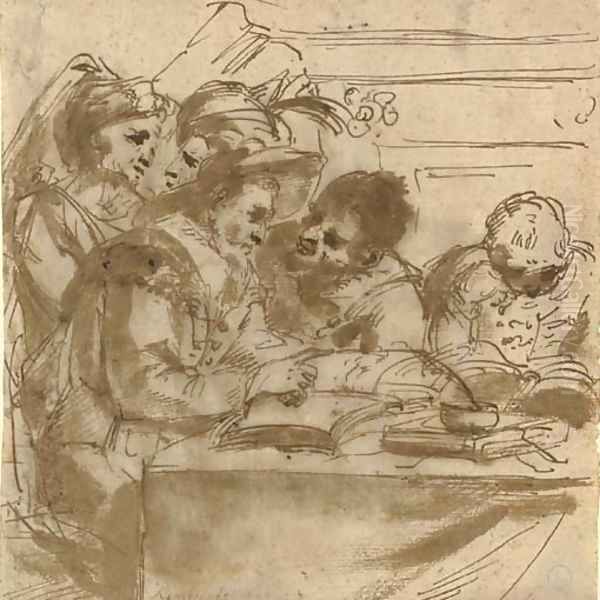 A group of figures at a table reading books Oil Painting by Gian Antonio Burrini