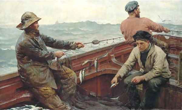 Hauling the pilchard nets Oil Painting by Herbert Edward Butler