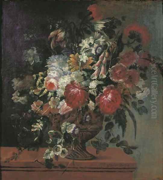 Roses, peonies, tulips, carnations, poppies and other flowers in a bronze vase on a ledge Oil Painting by Jacob Van Der Borcht