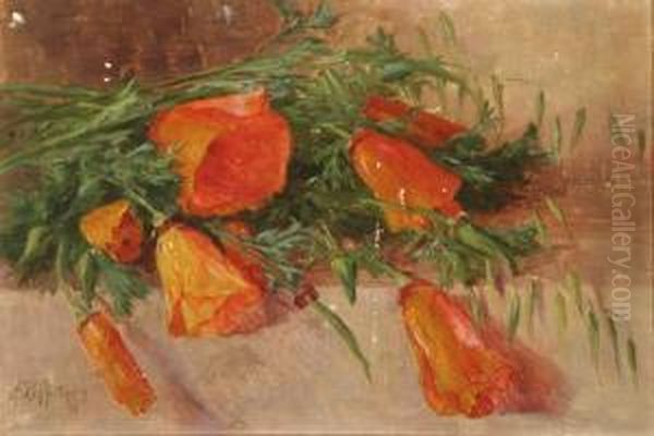 Still Life With Flowers On A Cloth Draped Table Oil Painting by Alice Brown Chittenden