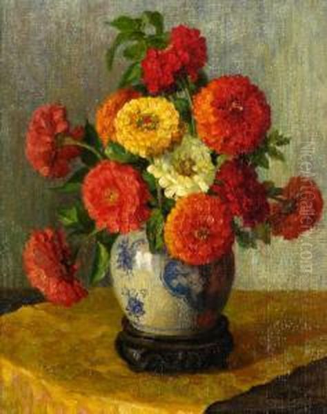 Zinnias In An Oriental Vase Oil Painting by Alice Brown Chittenden