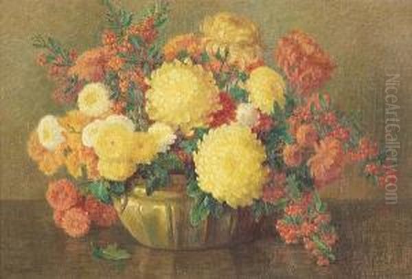 A Still Life With Chrysanthemums Oil Painting by Alice Brown Chittenden