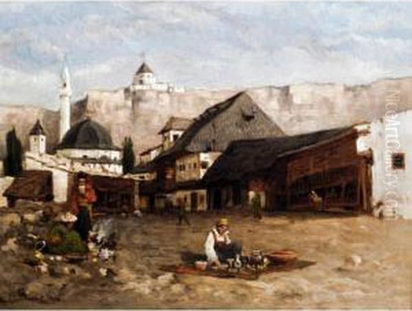 A Market Scene Oil Painting by Antonin Chittussi