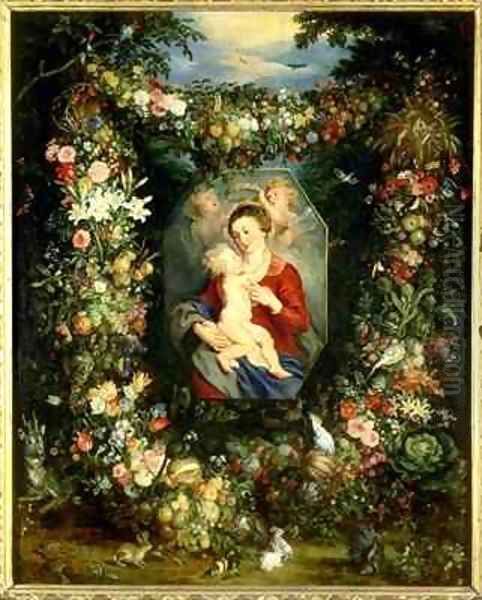 The Virgin and child in a garland of fruit and flowers Oil Painting by Jan & Rubens, P.P. Brueghel