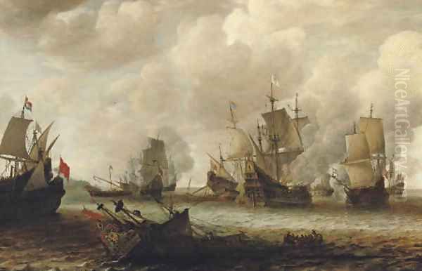 A naval battle between Dutch and Spanish men o'war Oil Painting by Jan Abrahamsz. Beerstraaten