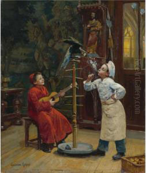 Teasing The Parrot Oil Painting by Paul Charles Chocarne-Moreau