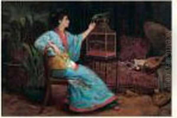 Jeune Femme Au Perroquet Oil Painting by Paul Charles Chocarne-Moreau