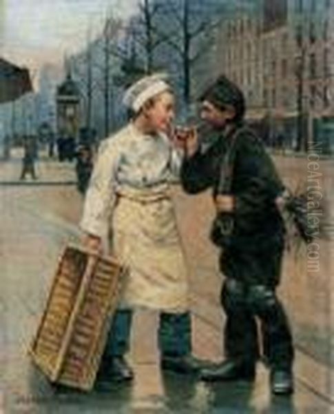 Pariser Strassenszene Mit Einem Backerjungen Und Einem Kleinen Schornsteinfeger. Oil Painting by Paul Charles Chocarne-Moreau