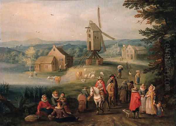 Travellers and peasants on a country road, a windmill beyond Oil Painting by Karel Beschey