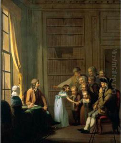 Interior Of A Large House With A Peasant Family Being Presented To A Lord Oil Painting by Daniel Nikolaus Chodowiecki