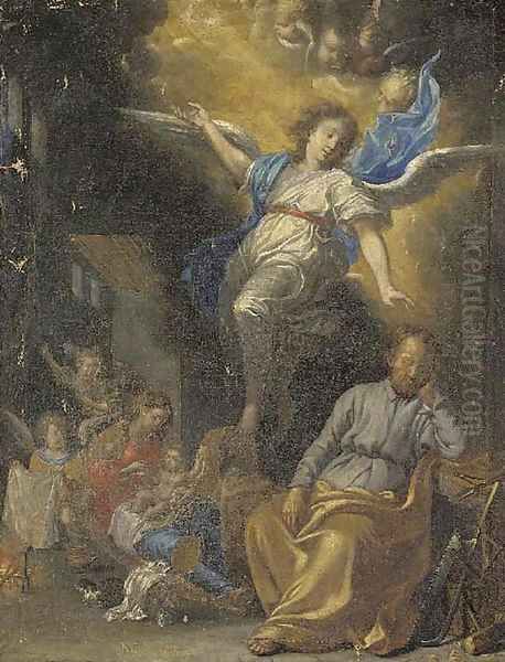 An Angel appearing to the Holy Family Oil Painting by Michel Bouillon