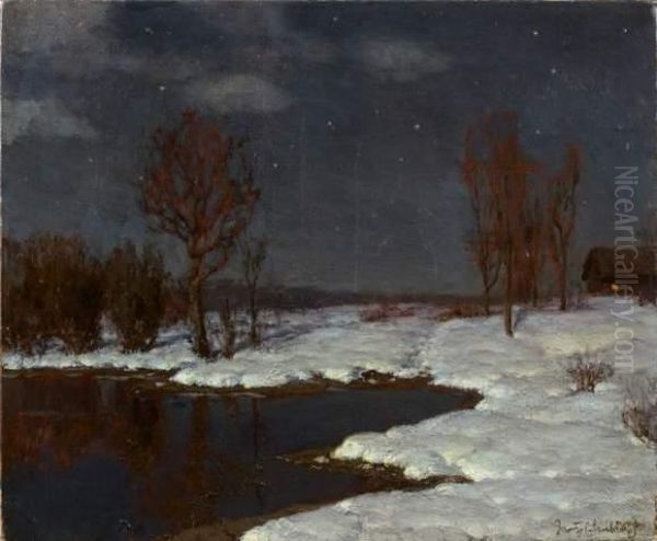 Crepuscule Sur L'etang Enneige Oil Painting by Ivan Fedorovich Choultse