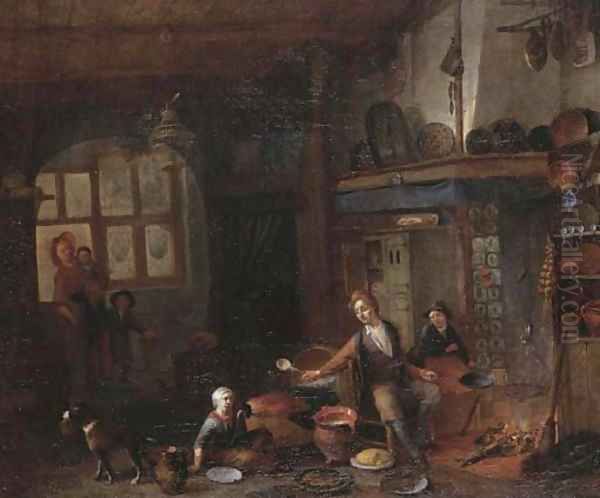 A domestic interior with a family seated by the hearth Oil Painting by Richard Brakenburgh