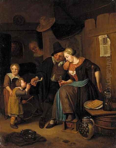 An interior scene with a couple and children Oil Painting by Richard Brakenburgh