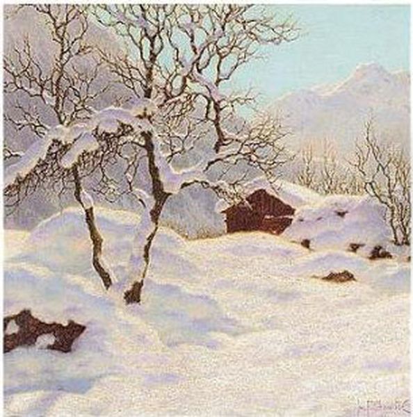 Mountain Cabin Under Snow Oil Painting by Ivan Fedorovich Choultse