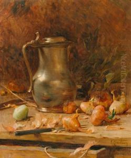 Stilleben Mit Zinnkrug Und Zwiebeln. Oil Painting by Rene Louis Chretien