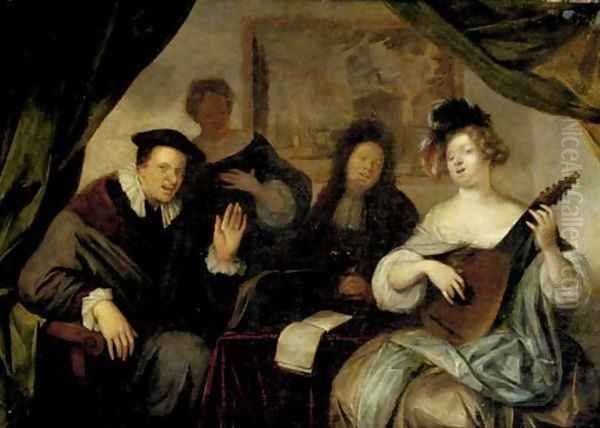 A merry company making music and singing in an interior Oil Painting by Richard Brakenburgh