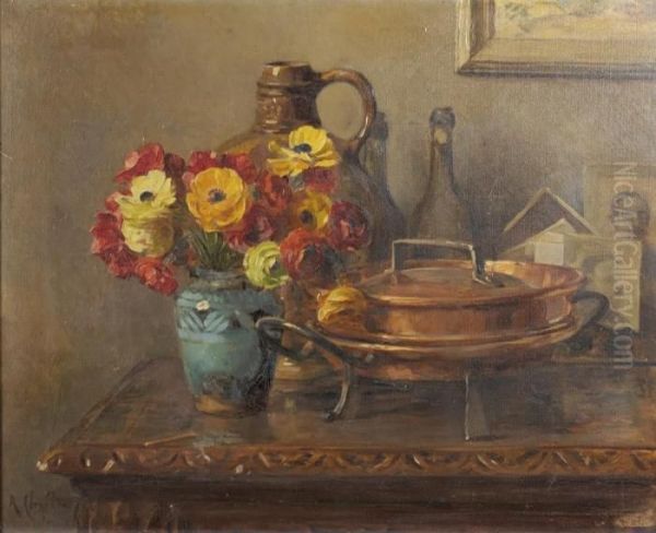 Nature Morte Aux Fleurs Et Cuivre Oil Painting by Rene Louis Chretien