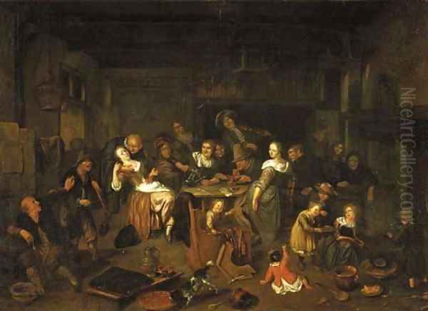 Boors merry making in an inn with a pancakecook in the foreground Oil Painting by Richard Brakenburgh