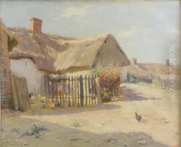 Chickens Beside A Cottage Oil Painting by Rene Louis Chretien