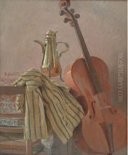  Violoncelle Et Cafetiere  Oil Painting by Rene Louis Chretien