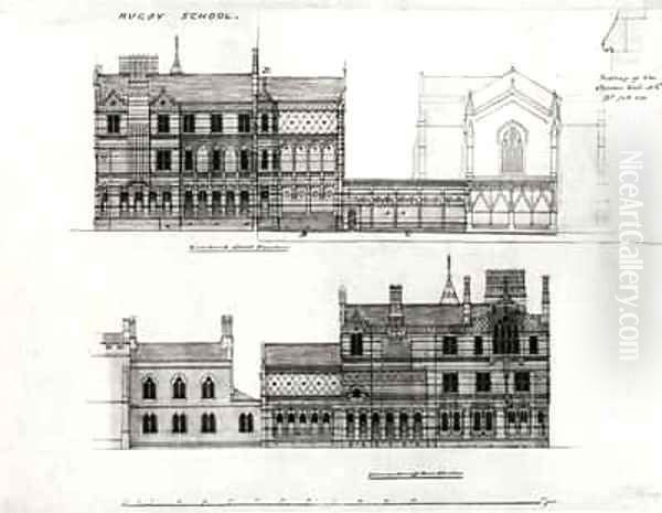 West and North Elevations, New School, Rugby School Oil Painting by William Butterfield