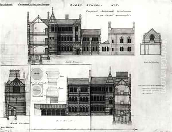 South Elevation and East Elevation, New School, Rugby School Oil Painting by William Butterfield