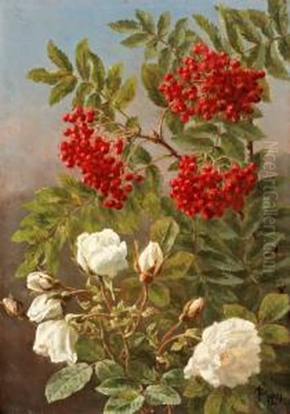 Blomsterstilleben Med Rosor Och Ronnbar Oil Painting by Anthonie, Anthonore Christensen