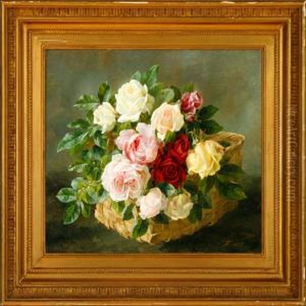 Red, Yellow Andpink Roses In A Basket On A Table Oil Painting by Anthonie, Anthonore Christensen