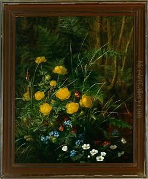 A Forest Floor With Buttercups, Anemones And A Butterfly Oil Painting by Anthonie, Anthonore Christensen