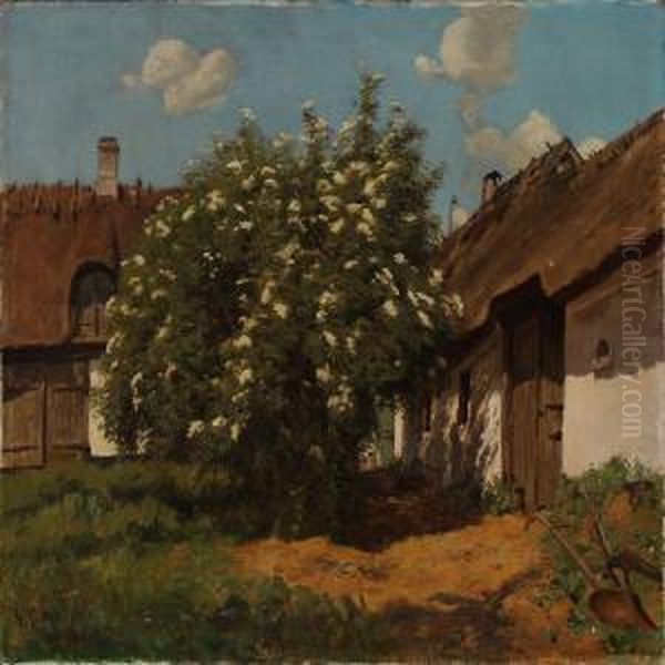 Farm Yard With Blooming Elderberry Oil Painting by Godfred B.W. Christensen