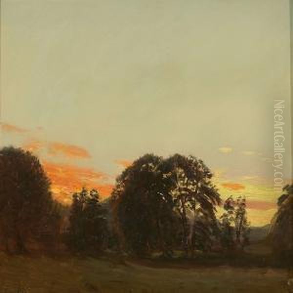 Summer Evening With Sunset Over A Forest Oil Painting by Godfred B.W. Christensen