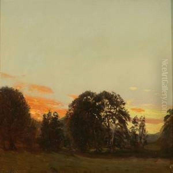 Summer Evening With Sunset Over A Forest Oil Painting by Godfred B.W. Christensen