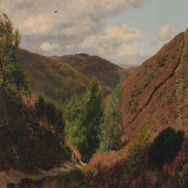 Landscape From Himmelbjerget With Heather Oil Painting by Godfred B.W. Christensen