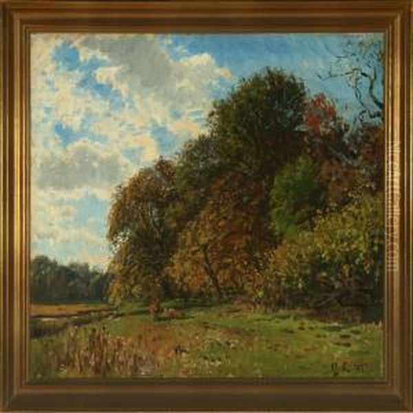 Forest Scenery With A Glade By A Lake Oil Painting by Godfred B.W. Christensen