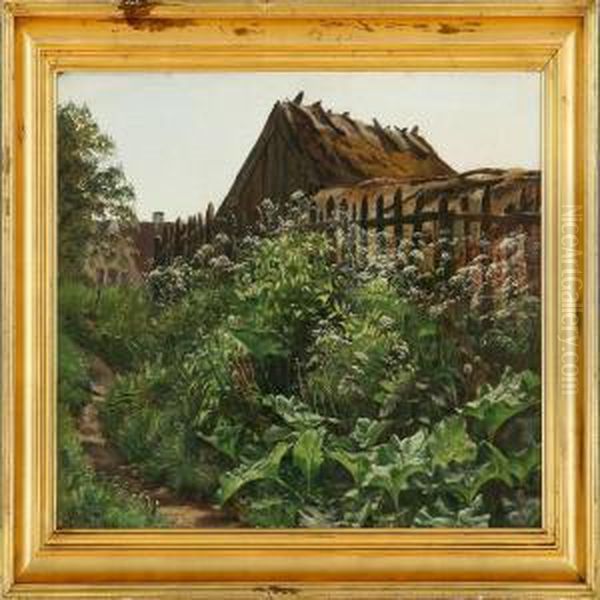 Goutweed Behind A Thathed House Oil Painting by Godfred B.W. Christensen