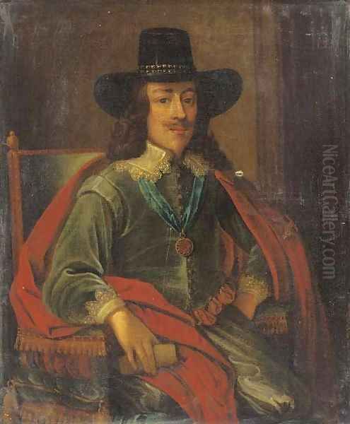 Portrait of King Charles I, seated three-quarter-length, in a green jacket, red cloak and black hat Oil Painting by Edward Bower