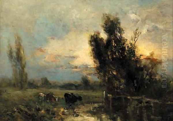 Cattle watering at dusk Oil Painting by George Boyle