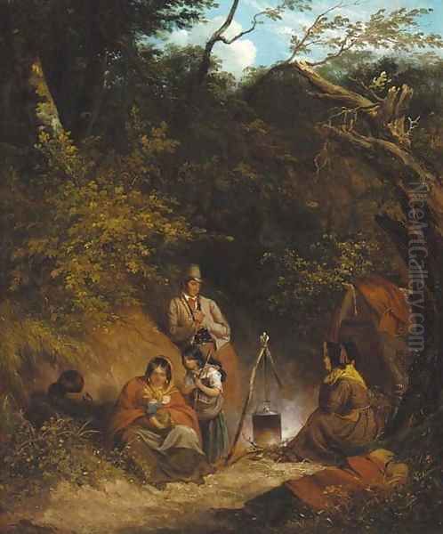 A gypsy encampment in a wooded glen Oil Painting by Thomas Barker of Bath