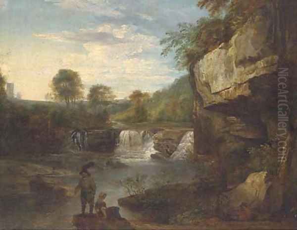 Figures on the bank of a river in a rocky gorge Oil Painting by Thomas Barker of Bath