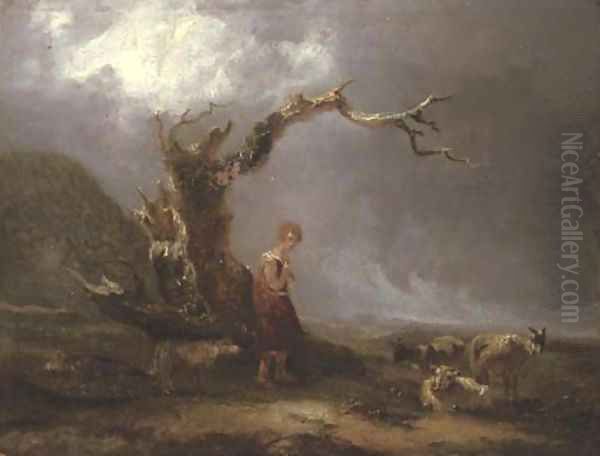 A landscape with a shepherdess and her flock Oil Painting by Thomas Barker of Bath