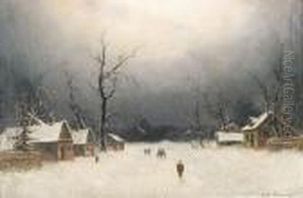 Village Snow Scene Oil Painting by Hans Christiansen