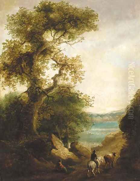 A drover on a wooded path with a lake beyond, a figure resting in the foreground Oil Painting by Thomas Barker of Bath