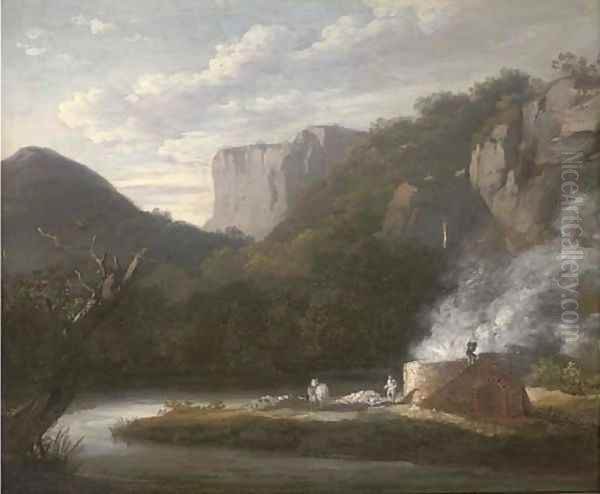 A lime kiln in a wooded river valley Oil Painting by Thomas Barker of Bath