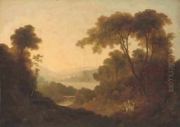 A wooded river landscape with travellers at rest on a bank Oil Painting by Thomas Barker of Bath