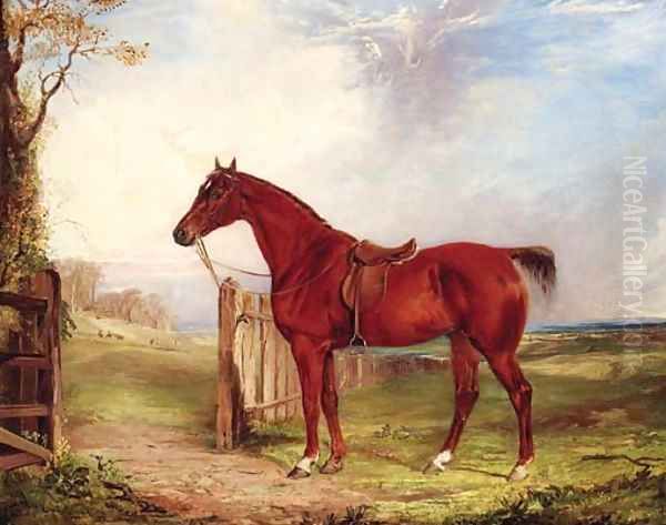 A saddled chestnut Hunter in an extensive Landscape with a Hunt beyond Oil Painting by Thomas W. Bretland