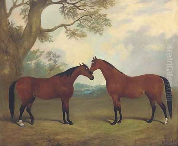 Two bay hunters in a landscape Oil Painting by Thomas W. Bretland