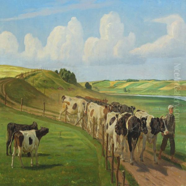 The Cattle Is Taken Home Oil Painting by Rasmus Christiansen